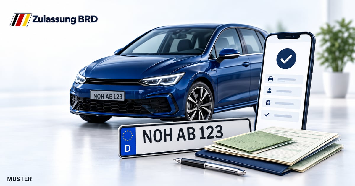 Online Fahrzeugzulassung in Landkreis Grafschaft Bentheim: Musterkennzeichen NOH AB 123, Auto und Fahrzeugpapiere und Smartphone. Illustration mit Logo von Zulassung BRD.
